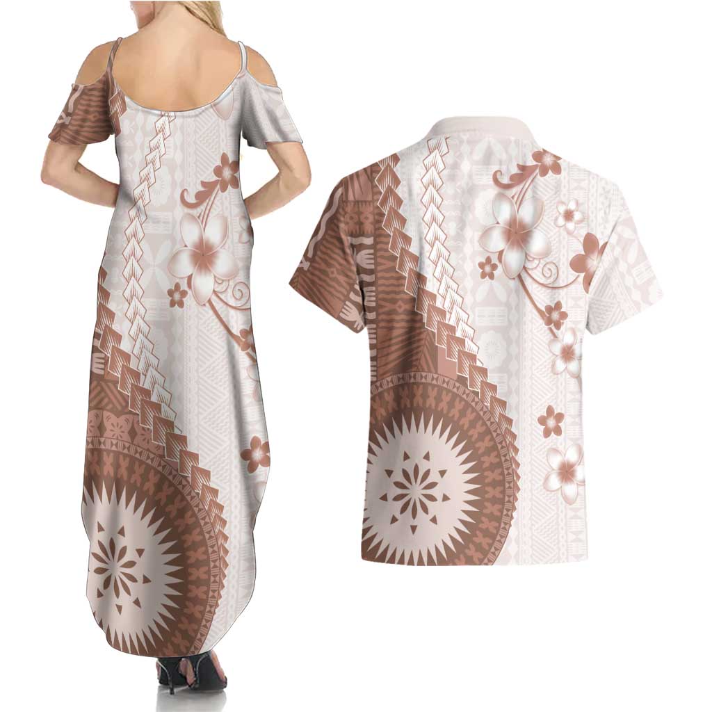Bula Fiji Couples Matching Summer Maxi Dress and Hawaiian Shirt Brown Plumeria Masi Tapa Pattern LT05 - Polynesian Pride