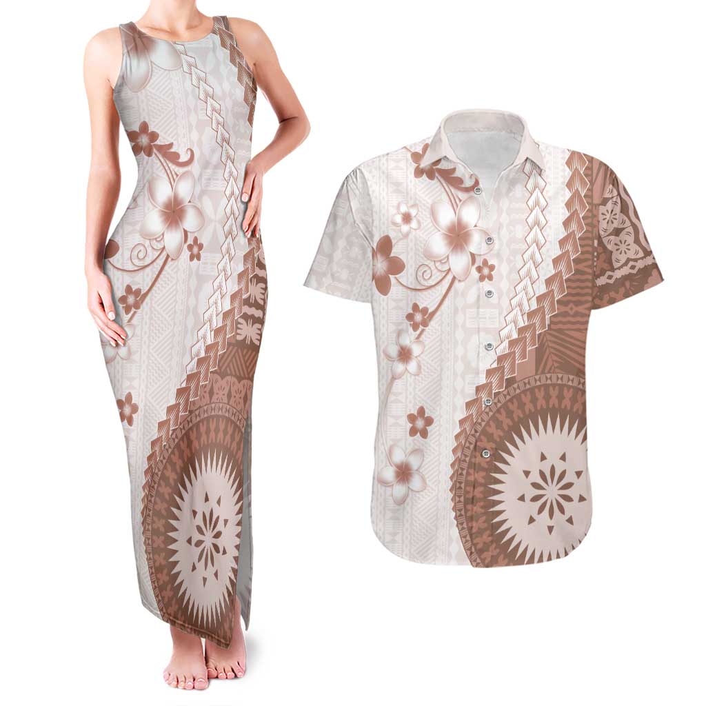 Bula Fiji Couples Matching Tank Maxi Dress and Hawaiian Shirt Brown Plumeria Masi Tapa Pattern LT05 Brown - Polynesian Pride