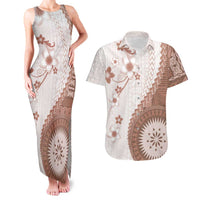 Bula Fiji Couples Matching Tank Maxi Dress and Hawaiian Shirt Brown Plumeria Masi Tapa Pattern LT05 Brown - Polynesian Pride