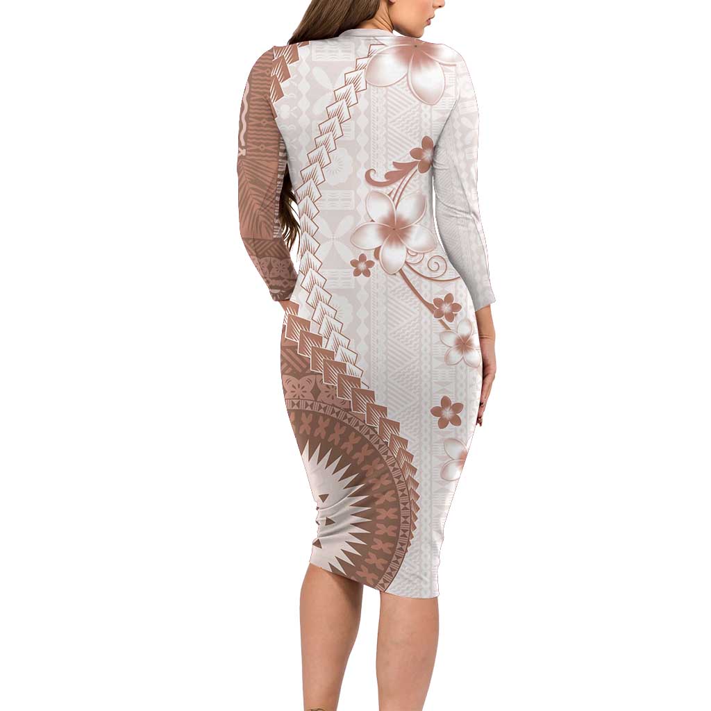 Bula Fiji Family Matching Long Sleeve Bodycon Dress and Hawaiian Shirt Brown Plumeria Masi Tapa Pattern LT05 - Polynesian Pride