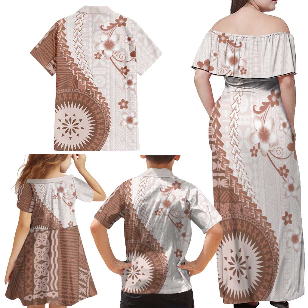 Bula Fiji Family Matching Off Shoulder Maxi Dress and Hawaiian Shirt Brown Plumeria Masi Tapa Pattern LT05 - Polynesian Pride