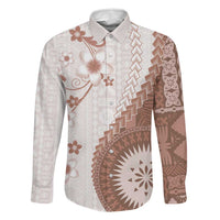 Bula Fiji Family Matching Off Shoulder Maxi Dress and Hawaiian Shirt Brown Plumeria Masi Tapa Pattern LT05 Dad's Shirt - Long Sleeve Brown - Polynesian Pride