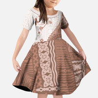 Bula Fiji Family Matching Off Shoulder Short Dress and Hawaiian Shirt Brown Plumeria Masi Tapa Pattern LT05 Daughter's Dress Brown - Polynesian Pride