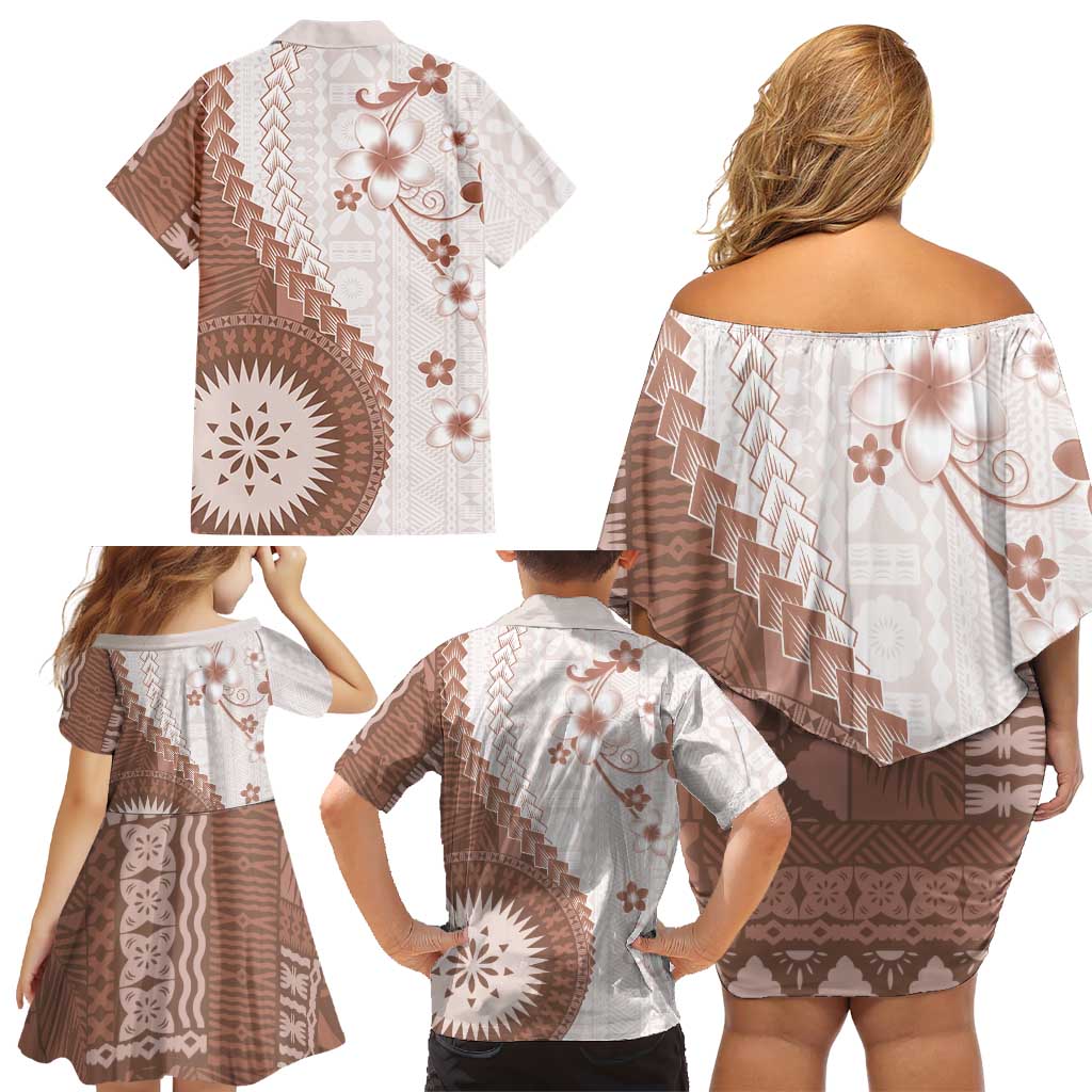 Bula Fiji Family Matching Off Shoulder Short Dress and Hawaiian Shirt Brown Plumeria Masi Tapa Pattern LT05 - Polynesian Pride