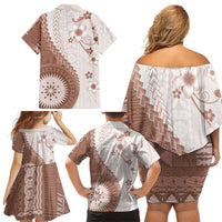 Bula Fiji Family Matching Off Shoulder Short Dress and Hawaiian Shirt Brown Plumeria Masi Tapa Pattern LT05 - Polynesian Pride