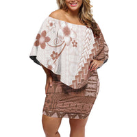 Bula Fiji Family Matching Off Shoulder Short Dress and Hawaiian Shirt Brown Plumeria Masi Tapa Pattern LT05 Mom's Dress Brown - Polynesian Pride