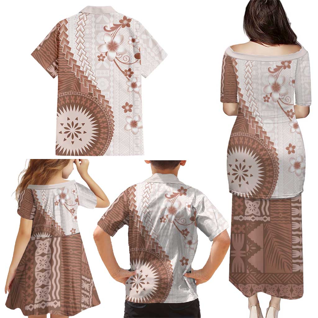 Bula Fiji Family Matching Puletasi and Hawaiian Shirt Brown Plumeria Masi Tapa Pattern LT05 - Polynesian Pride