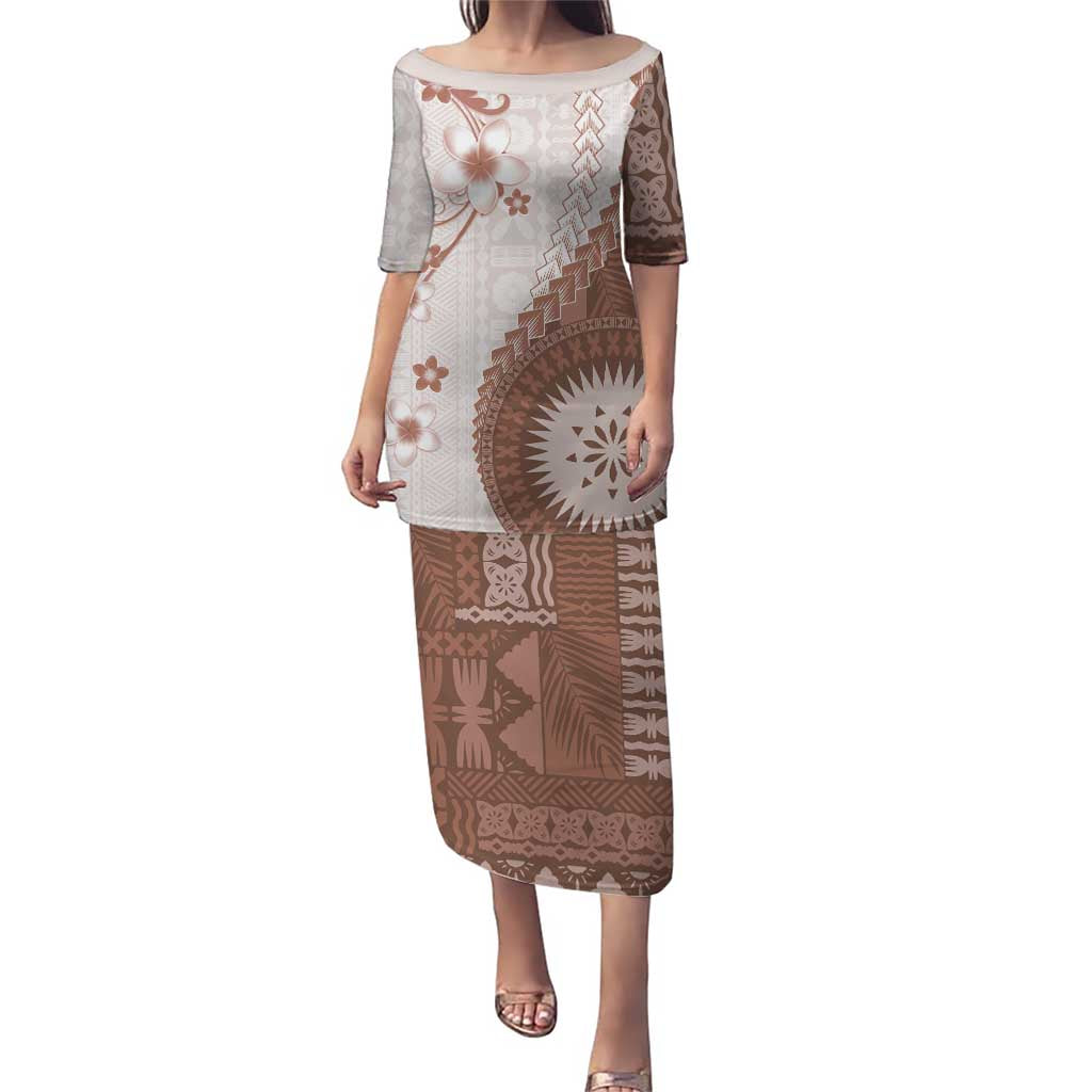 Bula Fiji Family Matching Puletasi and Hawaiian Shirt Brown Plumeria Masi Tapa Pattern LT05 Mom's Dress Brown - Polynesian Pride