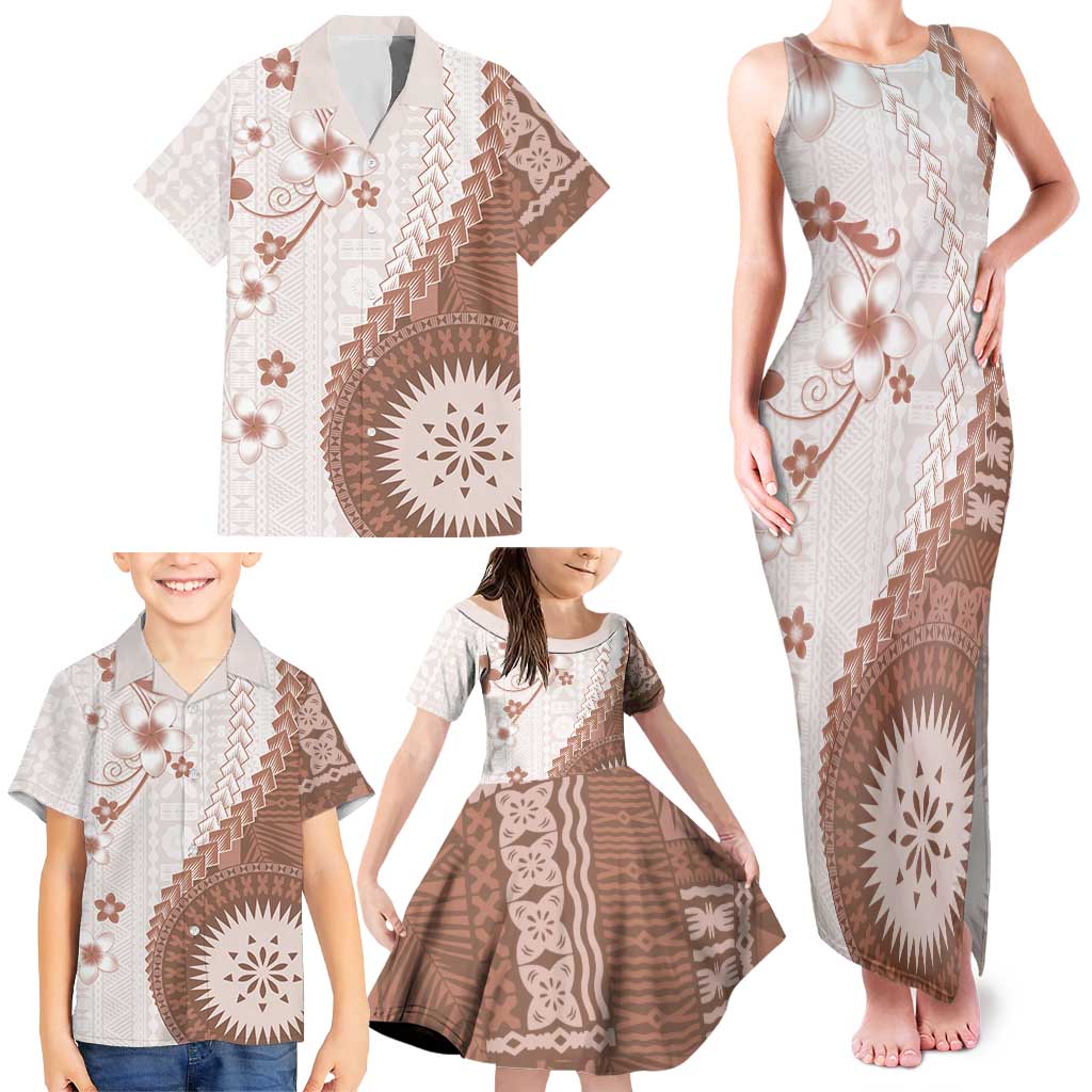 Bula Fiji Family Matching Tank Maxi Dress and Hawaiian Shirt Brown Plumeria Masi Tapa Pattern LT05 - Polynesian Pride