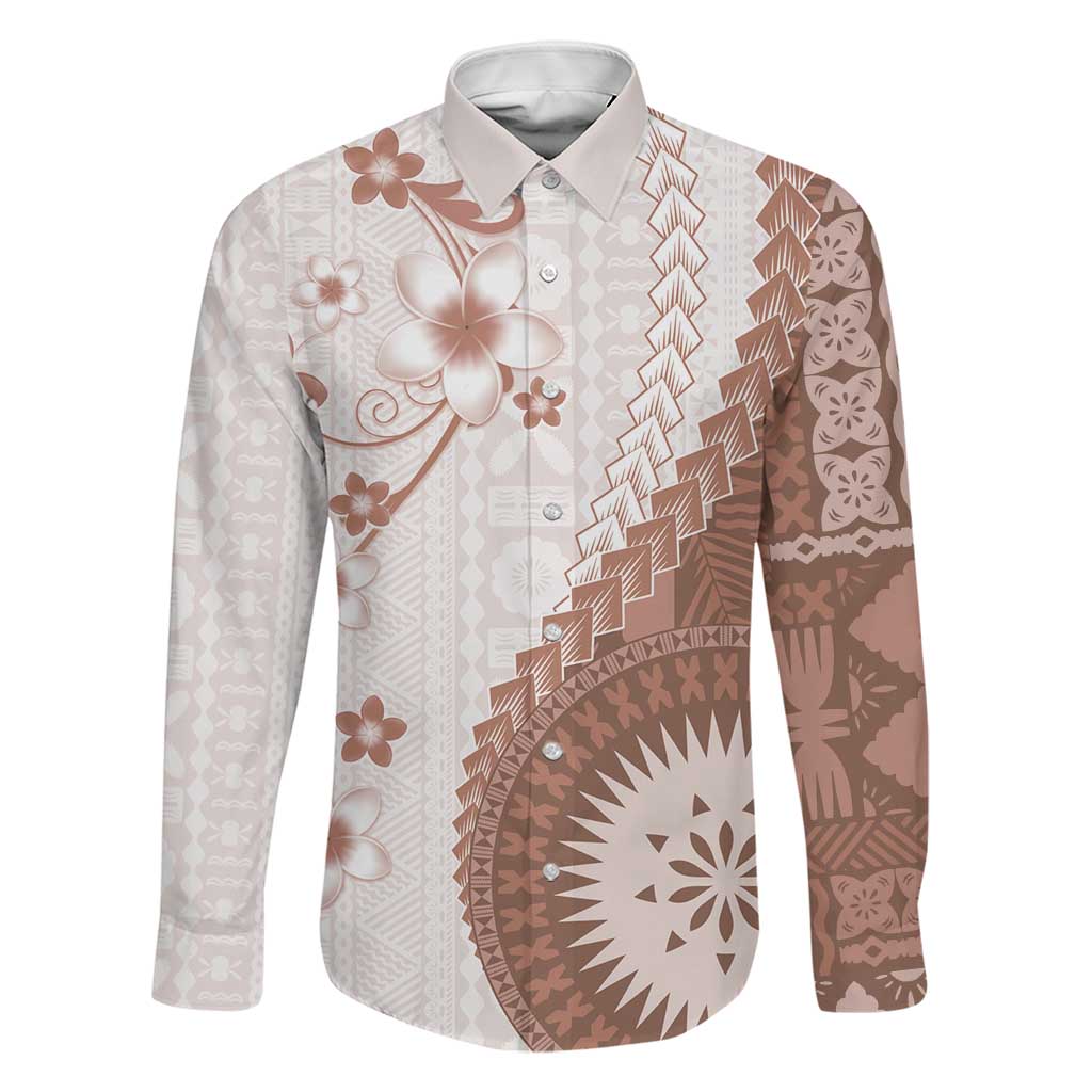 Bula Fiji Family Matching Tank Maxi Dress and Hawaiian Shirt Brown Plumeria Masi Tapa Pattern LT05 Dad's Shirt - Long Sleeve Brown - Polynesian Pride
