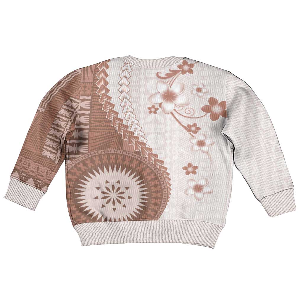 Bula Fiji Kid Ugly Christmas Sweater Brown Plumeria Masi Tapa Pattern - Polynesian Pride