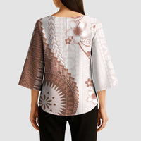 Bula Fiji Kimono Sleeve Blouse Brown Plumeria Masi Tapa Pattern - Polynesian Pride