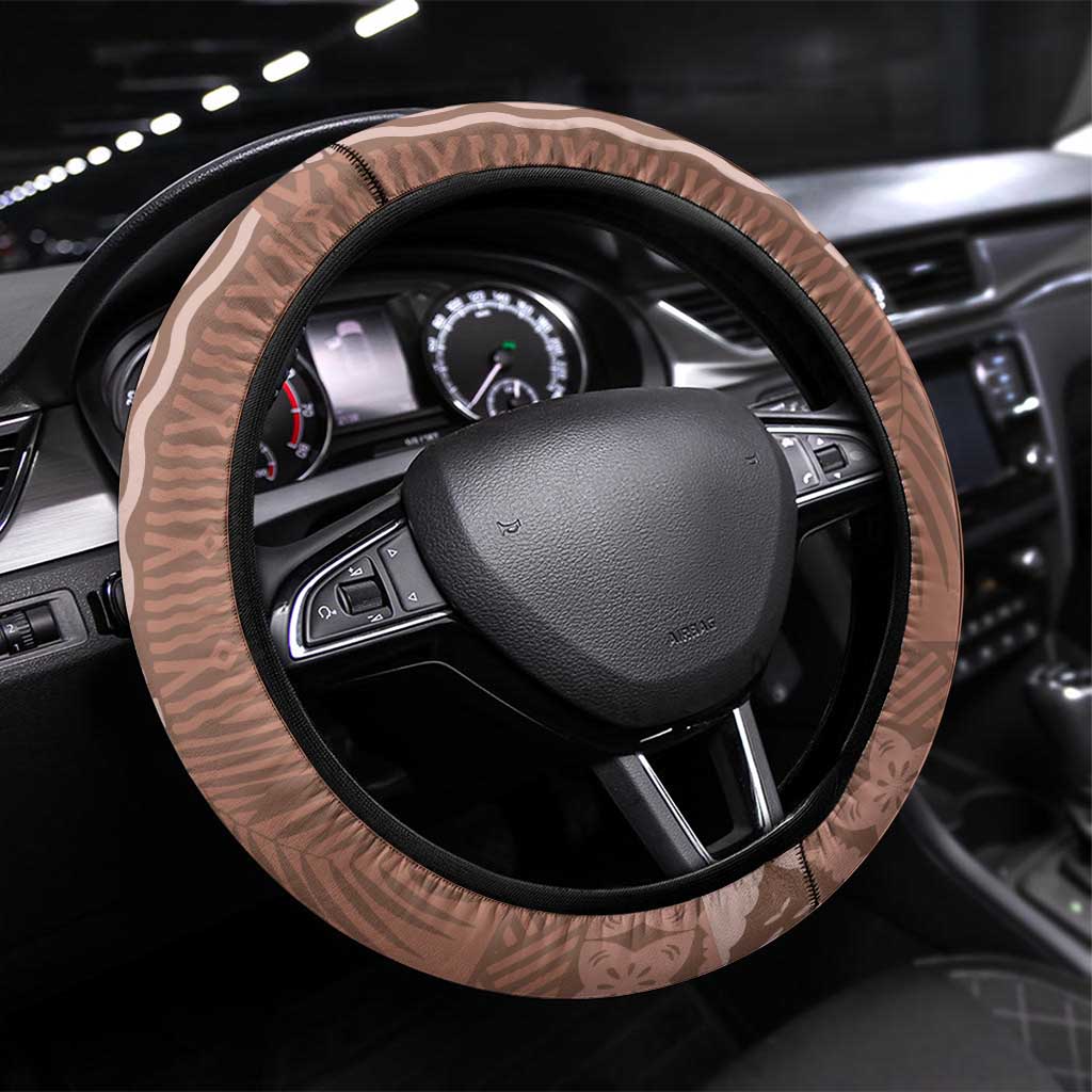 Bula Fiji Steering Wheel Cover Brown Plumeria Masi Tapa Pattern - Polynesian Pride