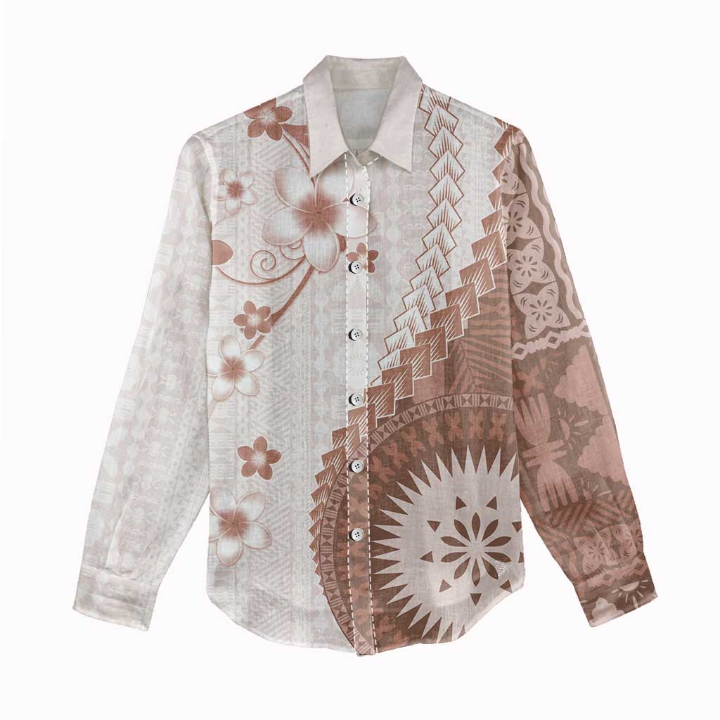 Bula Fiji Women Casual Shirt Brown Plumeria Masi Tapa Pattern LT05 - Polynesian Pride