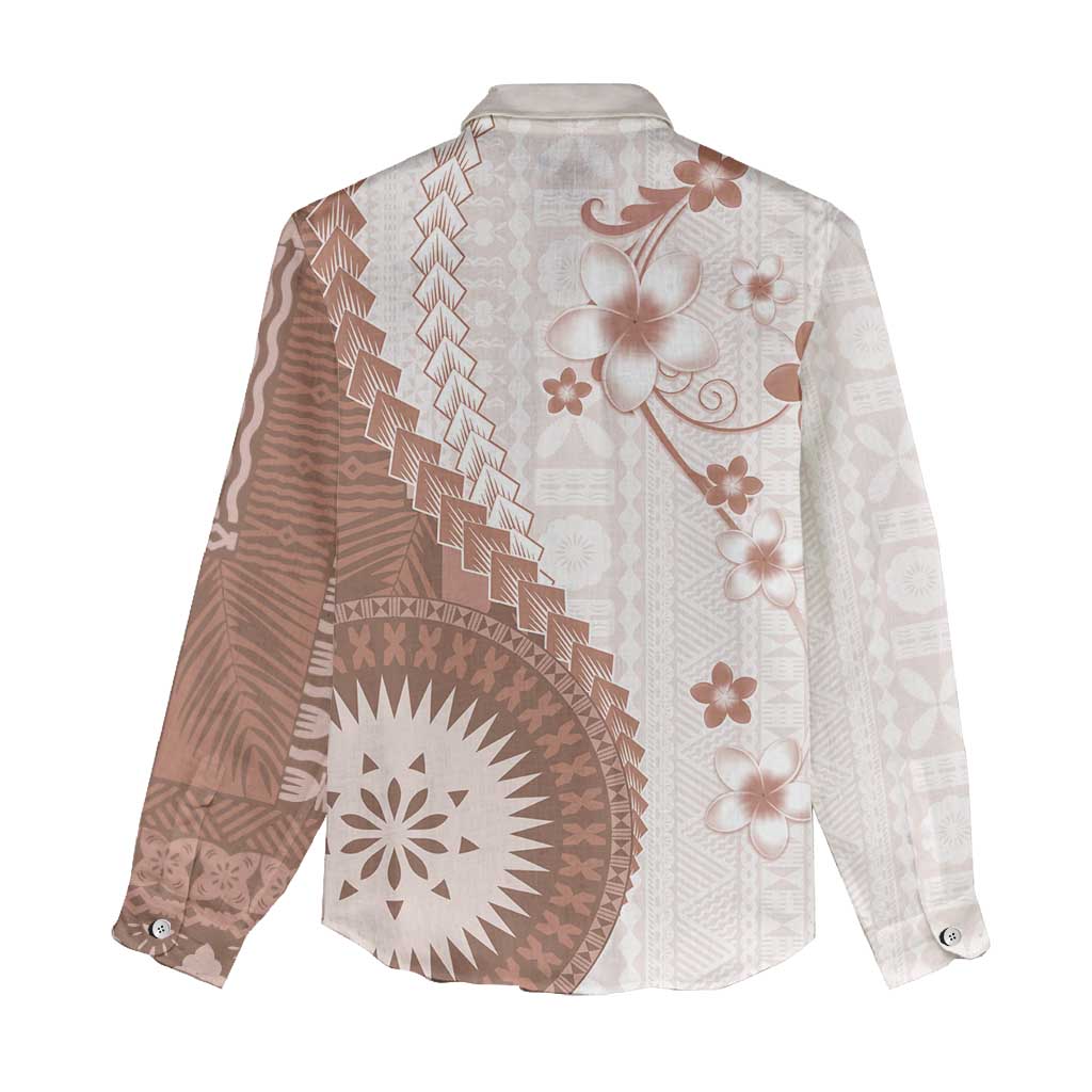 Bula Fiji Women Casual Shirt Brown Plumeria Masi Tapa Pattern LT05 - Polynesian Pride
