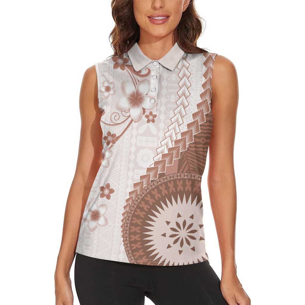 Bula Fiji Women Sleeveless Polo Shirt Brown Plumeria Masi Tapa Pattern - Polynesian Pride