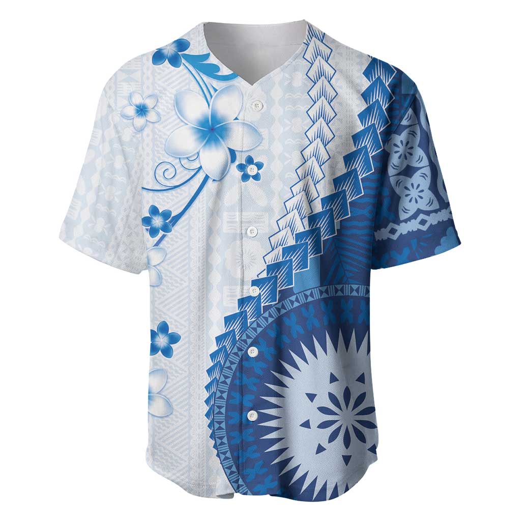 Bula Fiji Baseball Jersey Blue Plumeria Masi Tapa Pattern - Polynesian Pride