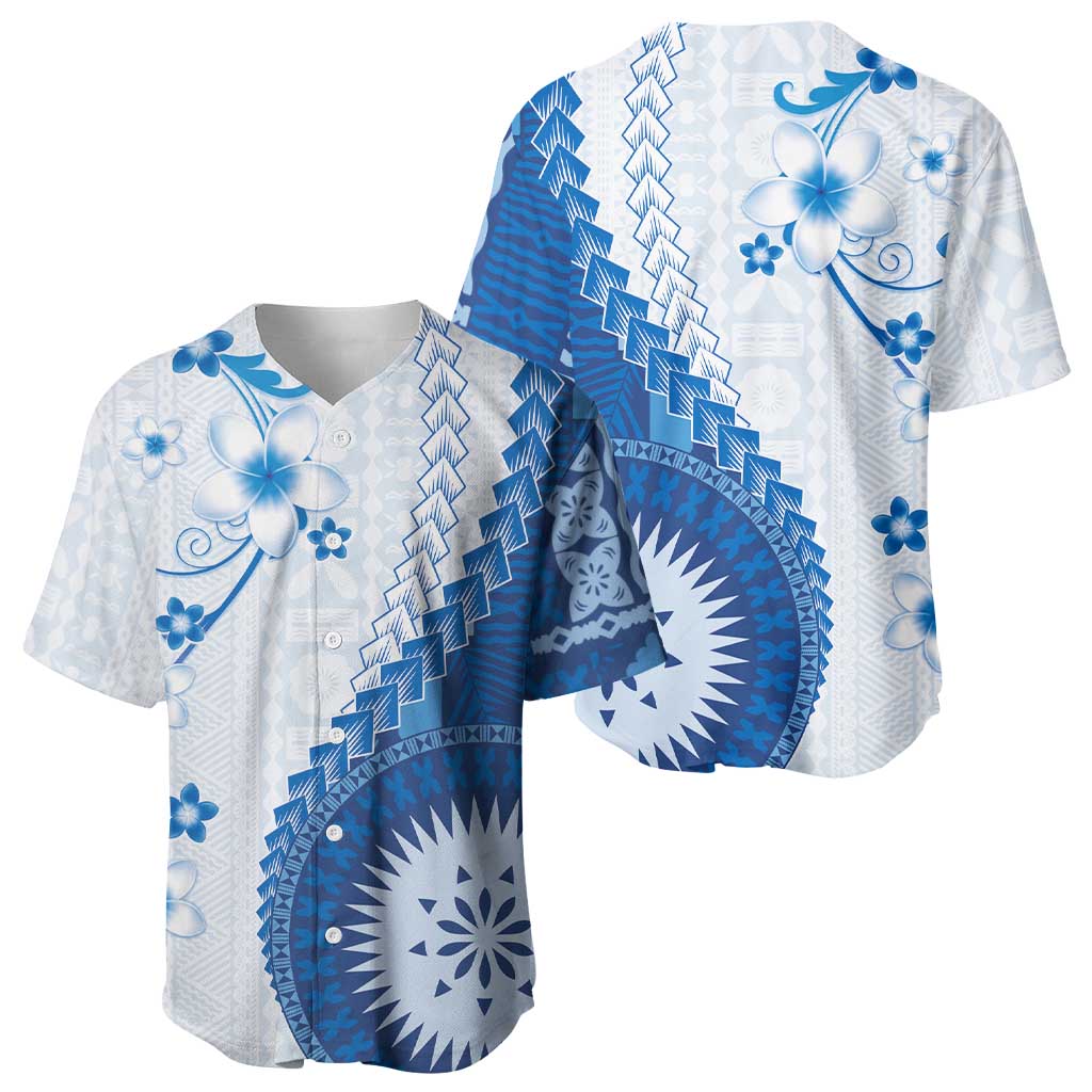 Bula Fiji Baseball Jersey Blue Plumeria Masi Tapa Pattern - Polynesian Pride