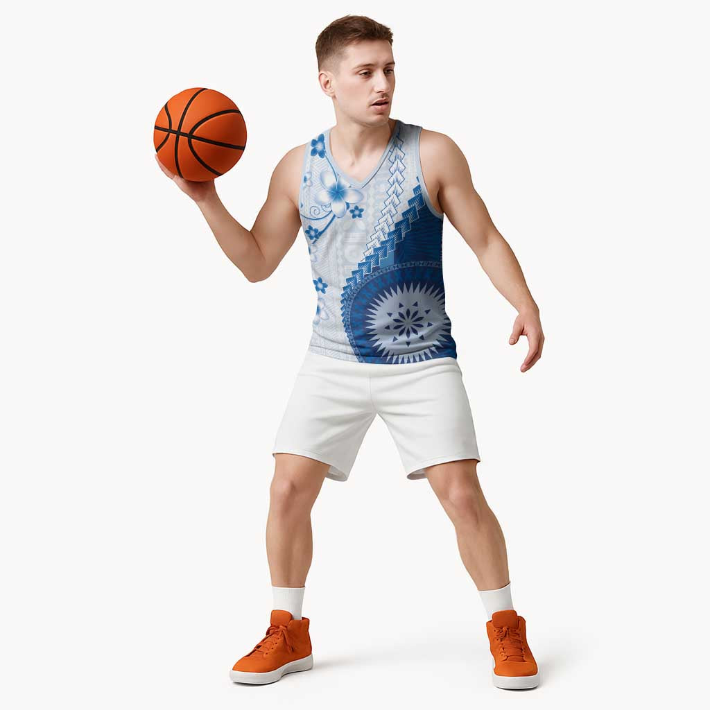 Bula Fiji Basketball Jersey Blue Plumeria Masi Tapa Pattern - Polynesian Pride