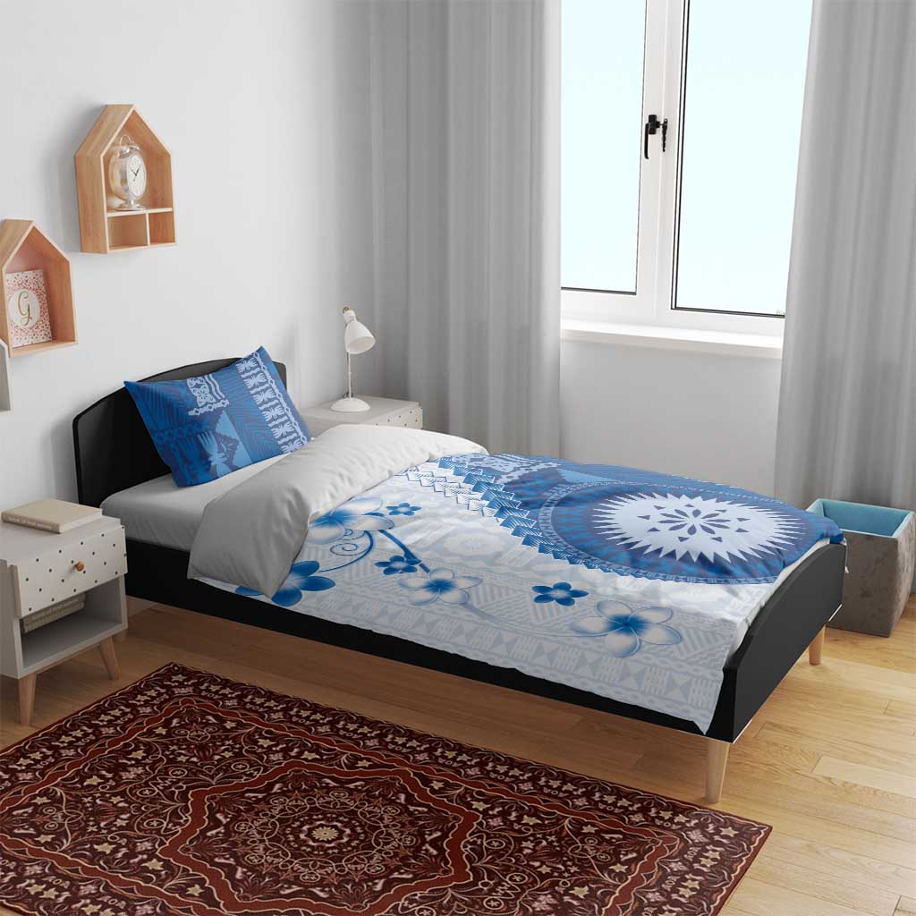 Bula Fiji Bedding Set Blue Plumeria Masi Tapa Pattern - Polynesian Pride