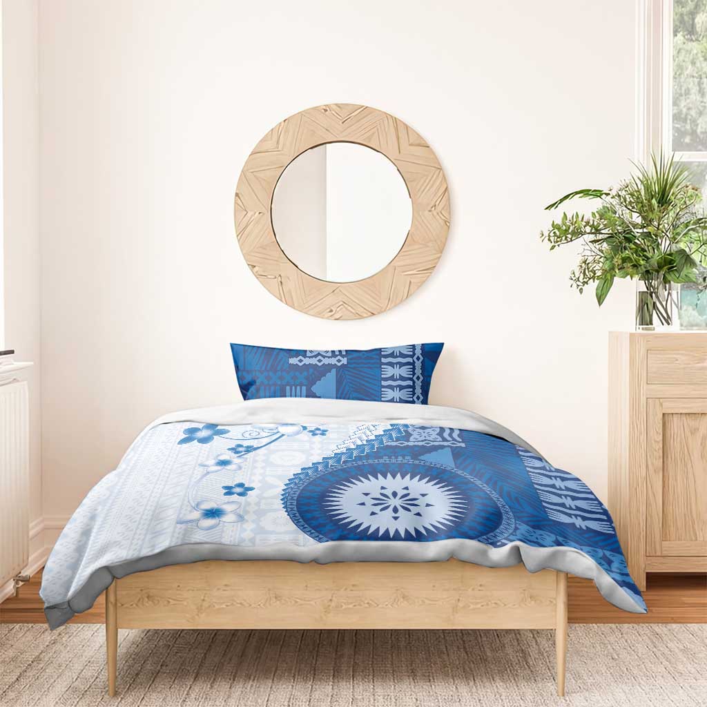 Bula Fiji Bedding Set Blue Plumeria Masi Tapa Pattern - Polynesian Pride