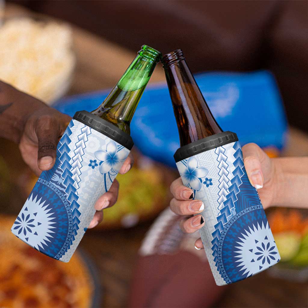 Bula Fiji 4 in 1 Can Cooler Tumbler Blue Plumeria Masi Tapa Pattern - Polynesian Pride