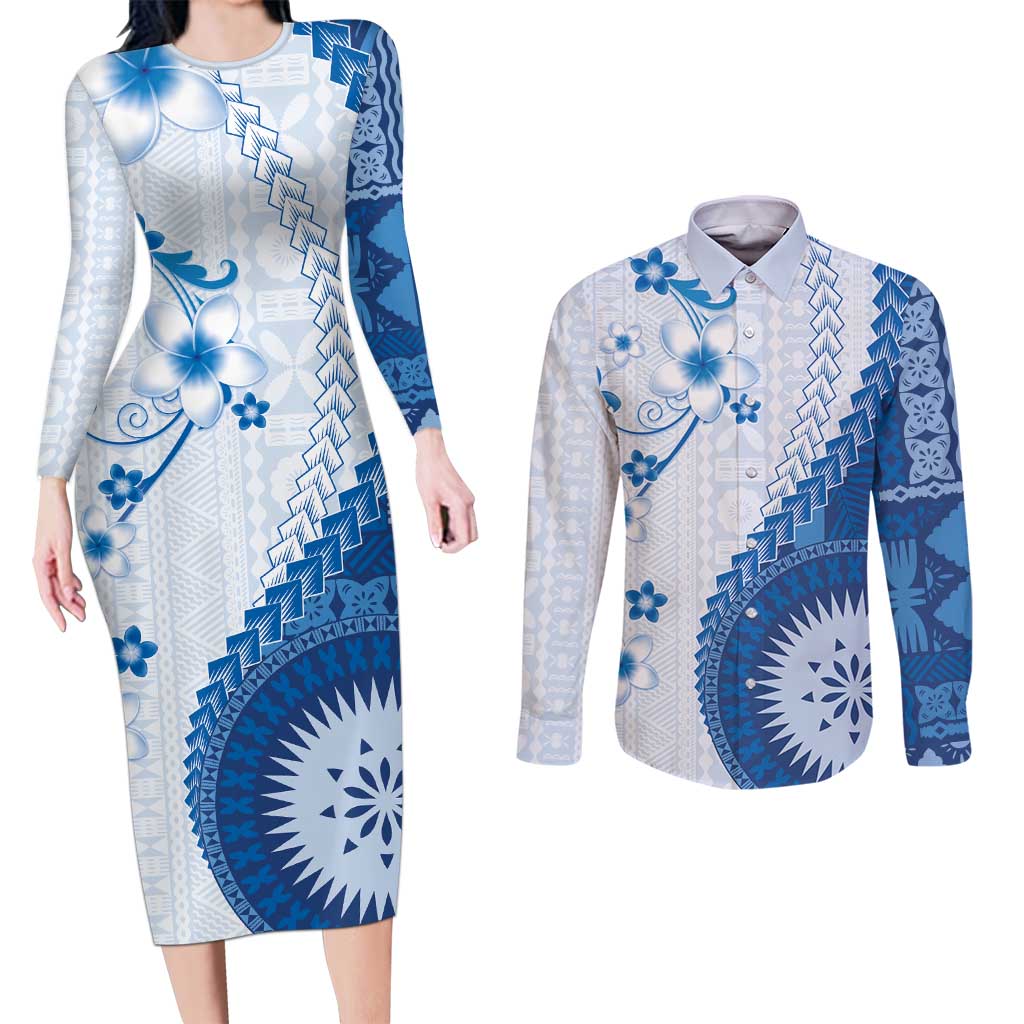 Bula Fiji Couples Matching Long Sleeve Bodycon Dress and Long Sleeve Button Shirt Blue Plumeria Masi Tapa Pattern LT05 Blue - Polynesian Pride