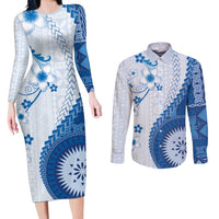 Bula Fiji Couples Matching Long Sleeve Bodycon Dress and Long Sleeve Button Shirt Blue Plumeria Masi Tapa Pattern LT05 Blue - Polynesian Pride