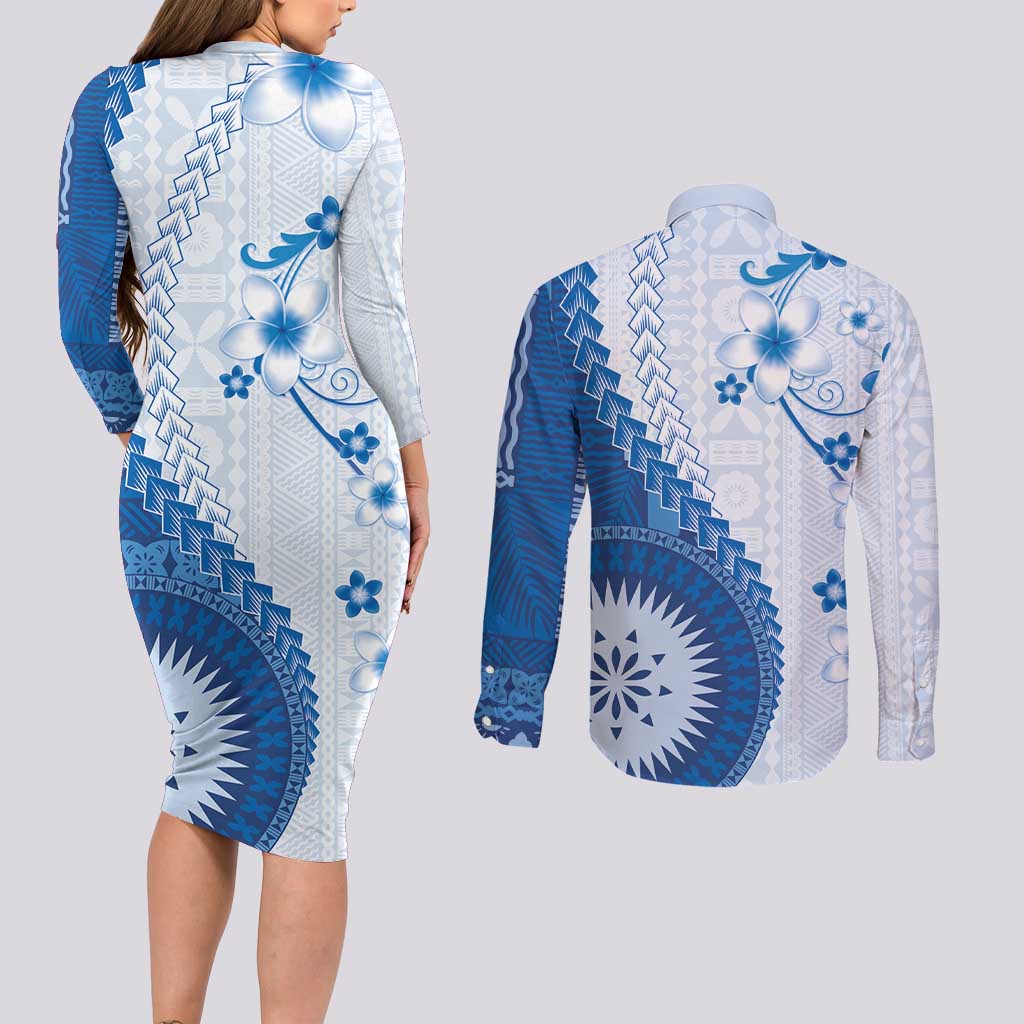Bula Fiji Couples Matching Long Sleeve Bodycon Dress and Long Sleeve Button Shirt Blue Plumeria Masi Tapa Pattern LT05 - Polynesian Pride