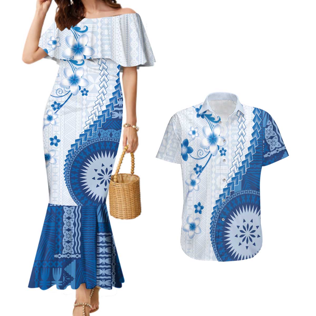 Bula Fiji Couples Matching Mermaid Dress and Hawaiian Shirt Blue Plumeria Masi Tapa Pattern LT05 Blue - Polynesian Pride