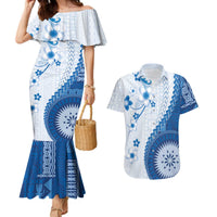Bula Fiji Couples Matching Mermaid Dress and Hawaiian Shirt Blue Plumeria Masi Tapa Pattern LT05 Blue - Polynesian Pride