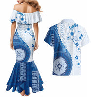 Bula Fiji Couples Matching Mermaid Dress and Hawaiian Shirt Blue Plumeria Masi Tapa Pattern LT05 - Polynesian Pride