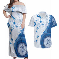 Bula Fiji Couples Matching Off Shoulder Maxi Dress and Hawaiian Shirt Blue Plumeria Masi Tapa Pattern LT05 Blue - Polynesian Pride