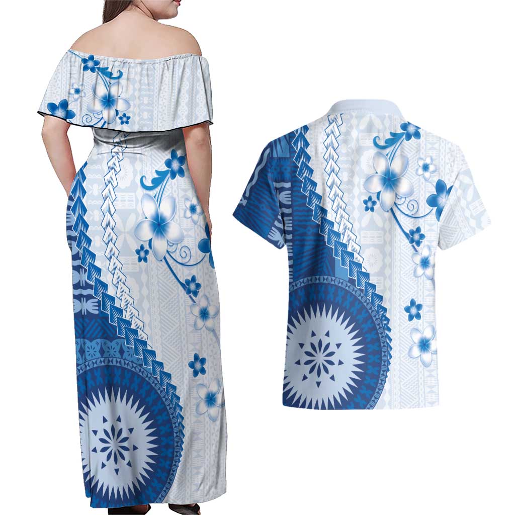 Bula Fiji Couples Matching Off Shoulder Maxi Dress and Hawaiian Shirt Blue Plumeria Masi Tapa Pattern LT05 - Polynesian Pride