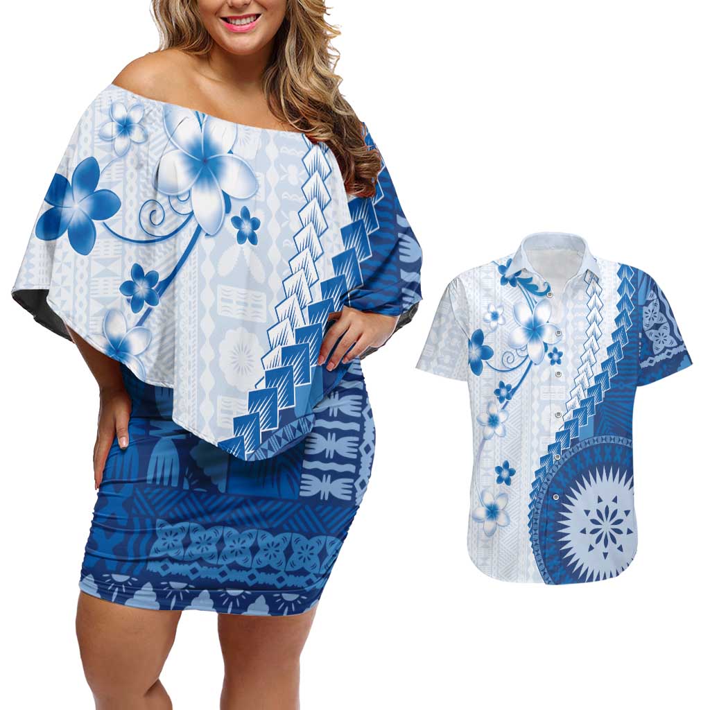 Bula Fiji Couples Matching Off Shoulder Short Dress and Hawaiian Shirt Blue Plumeria Masi Tapa Pattern LT05 Blue - Polynesian Pride