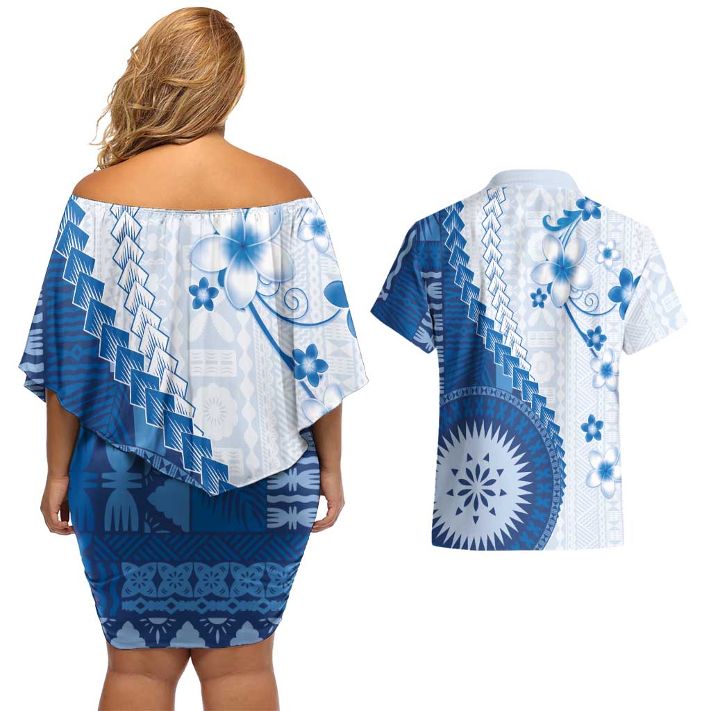 Bula Fiji Couples Matching Off Shoulder Short Dress and Hawaiian Shirt Blue Plumeria Masi Tapa Pattern LT05 - Polynesian Pride