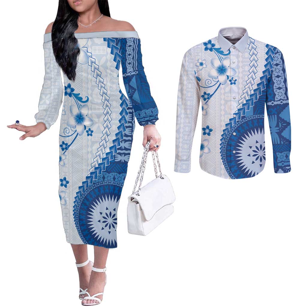 Bula Fiji Couples Matching Off The Shoulder Long Sleeve Dress and Long Sleeve Button Shirt Blue Plumeria Masi Tapa Pattern LT05 Blue - Polynesian Pride