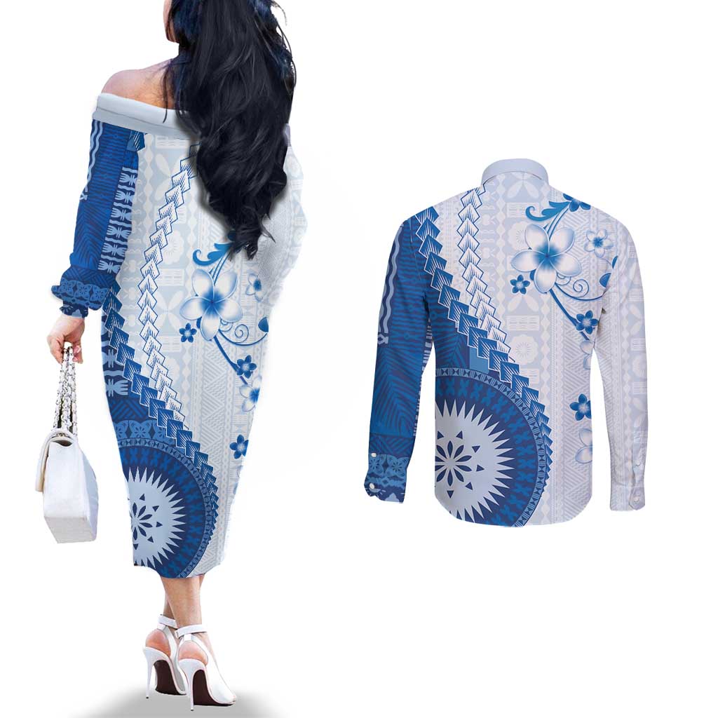 Bula Fiji Couples Matching Off The Shoulder Long Sleeve Dress and Long Sleeve Button Shirt Blue Plumeria Masi Tapa Pattern LT05 - Polynesian Pride