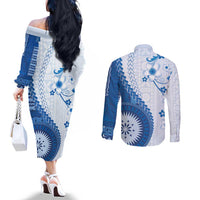Bula Fiji Couples Matching Off The Shoulder Long Sleeve Dress and Long Sleeve Button Shirt Blue Plumeria Masi Tapa Pattern LT05 - Polynesian Pride