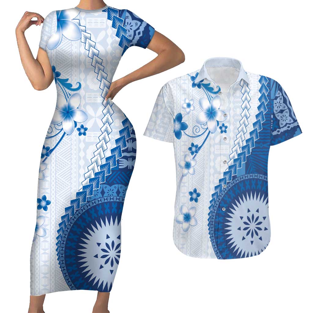 Bula Fiji Couples Matching Short Sleeve Bodycon Dress and Hawaiian Shirt Blue Plumeria Masi Tapa Pattern LT05 Blue - Polynesian Pride