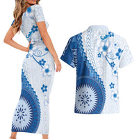 Bula Fiji Couples Matching Short Sleeve Bodycon Dress and Hawaiian Shirt Blue Plumeria Masi Tapa Pattern LT05 - Polynesian Pride