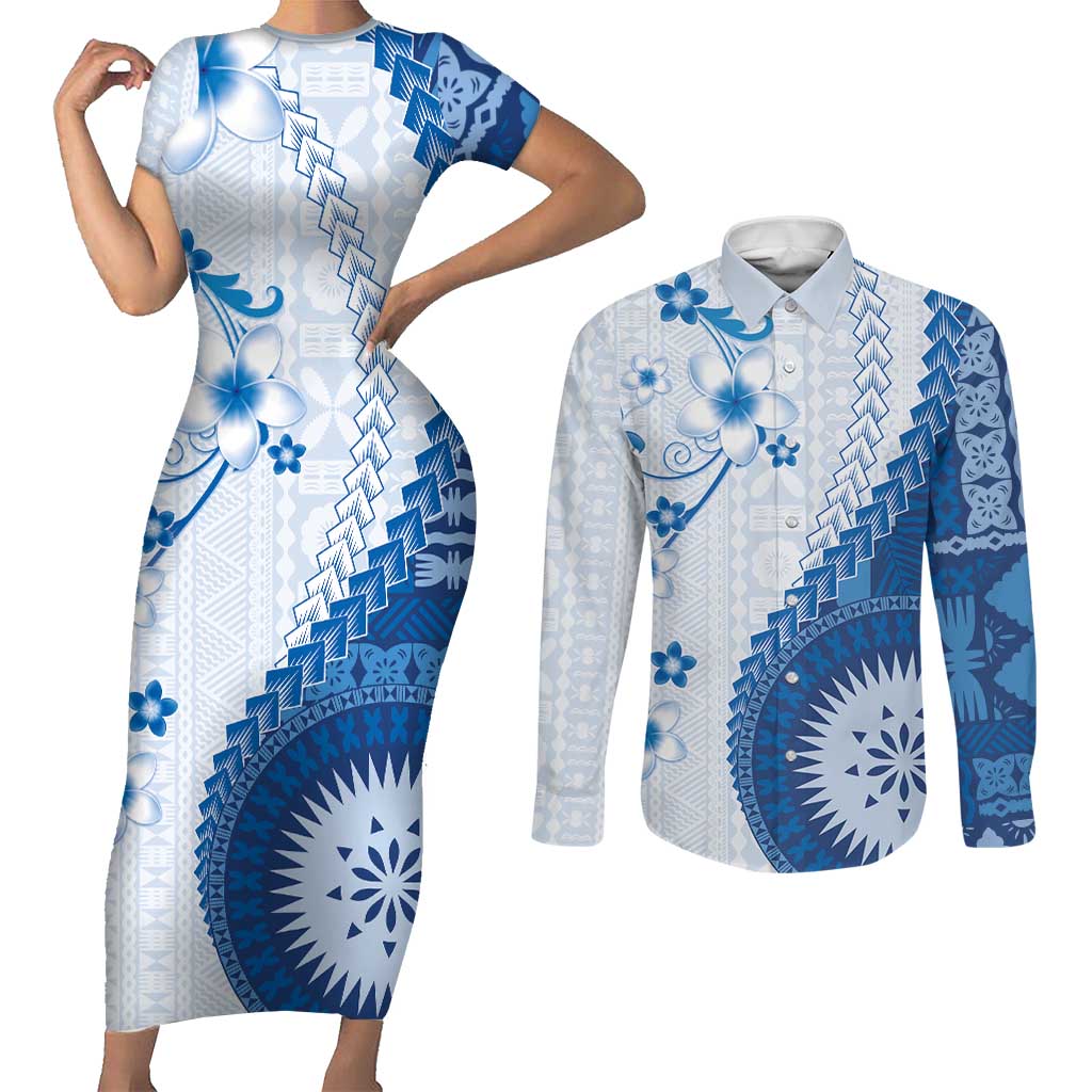 Bula Fiji Couples Matching Short Sleeve Bodycon Dress and Long Sleeve Button Shirt Blue Plumeria Masi Tapa Pattern LT05 Blue - Polynesian Pride