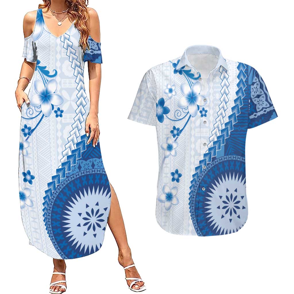Bula Fiji Couples Matching Summer Maxi Dress and Hawaiian Shirt Blue Plumeria Masi Tapa Pattern LT05 Blue - Polynesian Pride