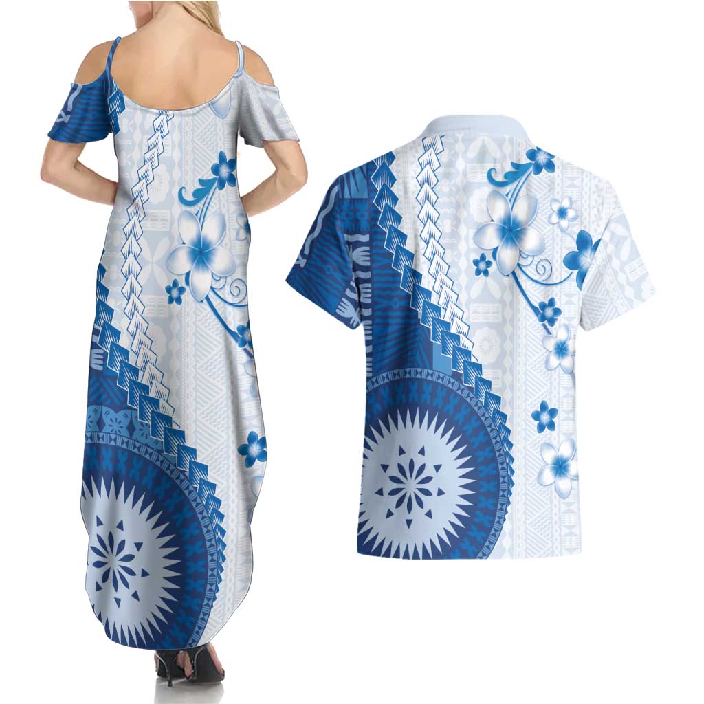 Bula Fiji Couples Matching Summer Maxi Dress and Hawaiian Shirt Blue Plumeria Masi Tapa Pattern LT05 - Polynesian Pride