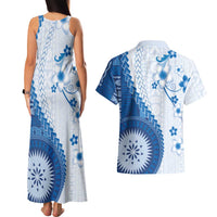 Bula Fiji Couples Matching Tank Maxi Dress and Hawaiian Shirt Blue Plumeria Masi Tapa Pattern LT05 - Polynesian Pride