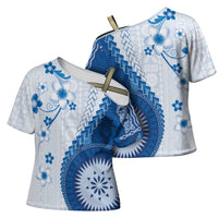 Bula Fiji Cross Shoulder Shirt Blue Plumeria Masi Tapa Pattern - Polynesian Pride