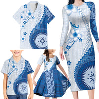 Bula Fiji Family Matching Long Sleeve Bodycon Dress and Hawaiian Shirt Blue Plumeria Masi Tapa Pattern LT05 - Polynesian Pride