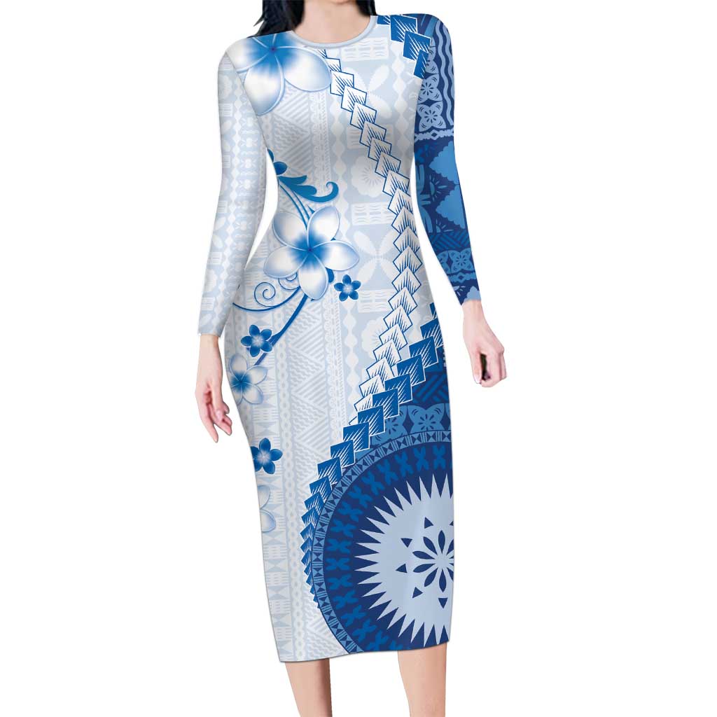 Bula Fiji Family Matching Long Sleeve Bodycon Dress and Hawaiian Shirt Blue Plumeria Masi Tapa Pattern LT05 Mom's Dress Blue - Polynesian Pride