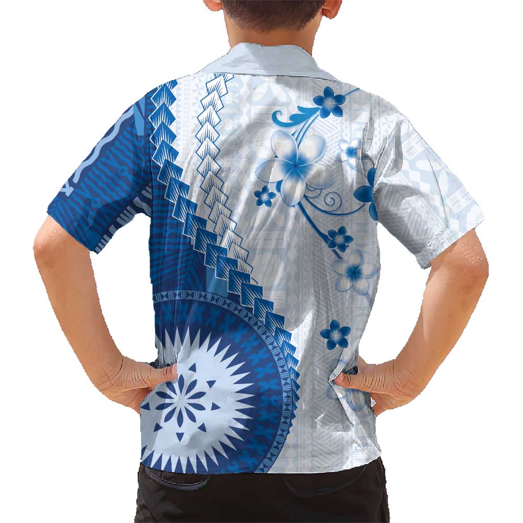 Bula Fiji Family Matching Off The Shoulder Long Sleeve Dress and Hawaiian Shirt Blue Plumeria Masi Tapa Pattern LT05 - Polynesian Pride