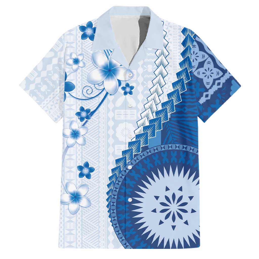 Bula Fiji Family Matching Off The Shoulder Long Sleeve Dress and Hawaiian Shirt Blue Plumeria Masi Tapa Pattern LT05 Dad's Shirt - Short Sleeve Blue - Polynesian Pride